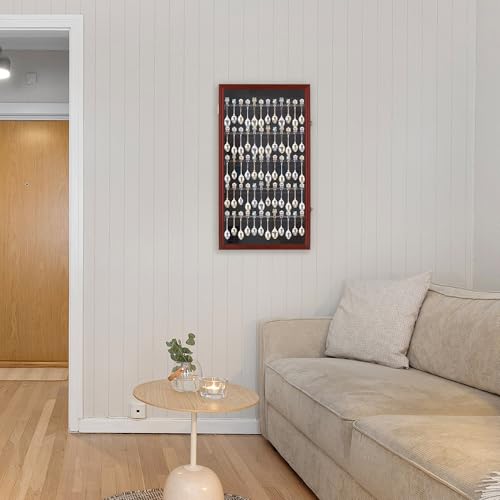 DisplayGifts 60 Souvenir Spoon Tea Spoon Display Case Rack Holder Wall Cabinet Collection Frame with UV Protection, Lockable Door (Cherry Finish) - color: Cherry Finish