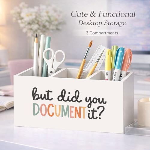 Funny Document It Wooden Desk Organizer | Funny “But Did You Document It” desk decor with 3 compartments; wooden pen holder for office, home desk, or coworker gift. - color: Document It Quote