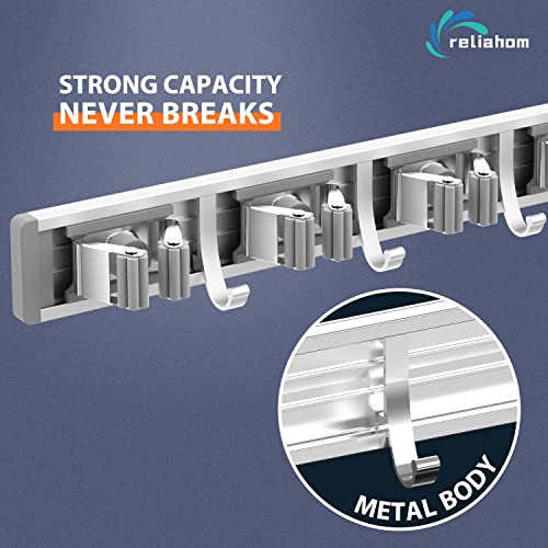 reliahom Broom Holder Wall Mount, 2 Pack 5 Racks with 4 Hooks Silver - Mop Storage Tool Racks, Broom Hanger Tool Organizer for Garage, Kitchen, Garden, Laundry Room - color: Silver, size: 2 Pack 5R4H