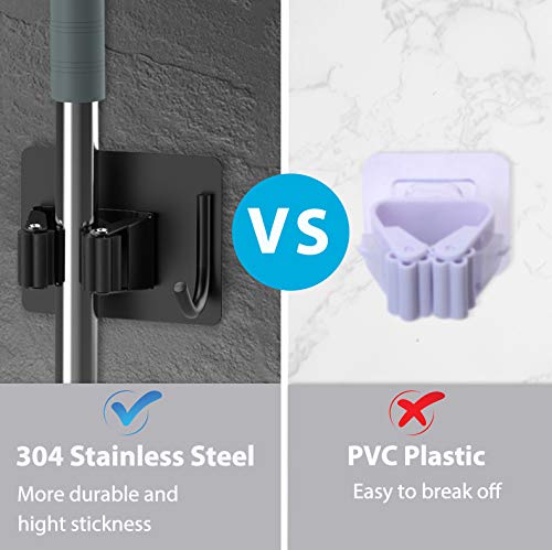 homeasy Mop Broom Holder No Drill, Mop Broom Organizer Wall Mounted Heavy Duty with Hooks Hanger, Self Adhesive Stainless Steel 6Pcs for Bathroom, Kitchen, Office (Black) - color: Black