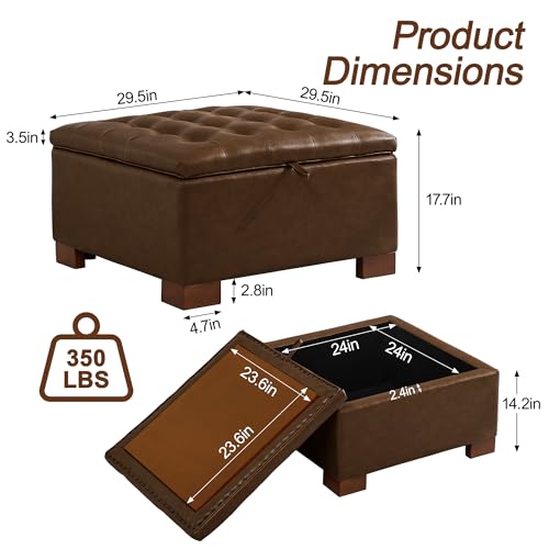 WUTUTUEE 30" Faux Leather Square Storage Ottoman with Wooden Tray, Modern Tufted Button Footstool Coffee Table, Upholstered Large Ottoman for Living Room, Bedroom, Coffee - color: Coffee-pu, size: 30 Inch