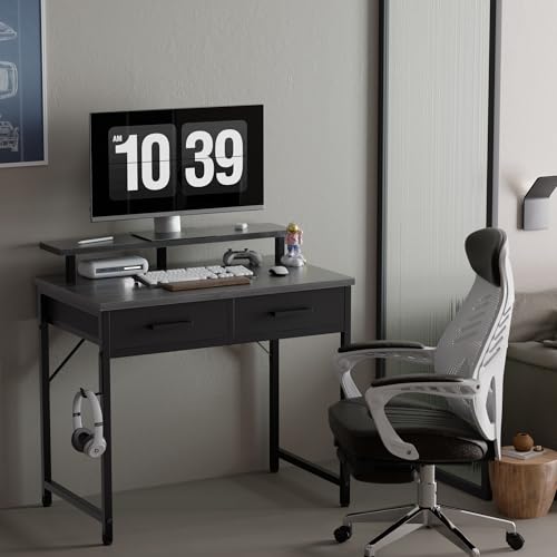 Pamray 32 Inch Small Computer Desk with Monitor Stand Home Office Desks with 2 Drawers for Bedroom Study Writing and Work Table for Small Spaces Grey - color: Grey