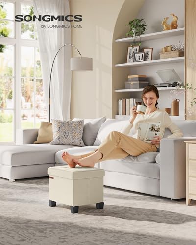 SONGMICS Storage Ottoman, Small Ottoman Foot Rest with Legs, 12.6 x 15.7 x 13.2 Inches Foot Stool, Load up to 660 lb, for Living Room, Bedroom, Dorm, Cream White ULSF012W01 - color: Cream White, size: 12.6"D x 15.7"W x 13.2"H