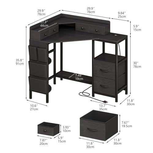 VENNQD Corner Desk with 6 Drawers Shelves for Small Space Computer Desk with Power Outlets,Gaming Desk with Printer Monitor Stand Storage for Home Office Workstation Writing Table (Black, 31.5) - color: Black