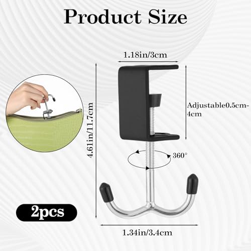 2 Pack Heavy Duty Purse Hooks for Hanging Bags Adjustable Table Hooks Steel Under Desk Purse Bag Holder Clamp-On Backpack Hooks for Handbag Umbrellas Office Table Accessories