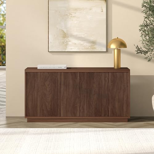 Henn&Hart Fluted TV Stand for TVs up to 55'' with 3 Swing Out Ribbed Doors and Adjustable Shelves for Living Room, Family Room, or Office, Medium Walnut - color: Medium Walnut, size: 48" TV Stand