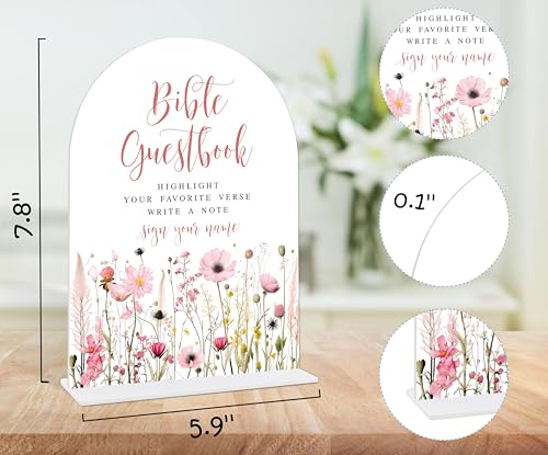 Pink Flower Wedding Bible Guest Book Sign, Guest Book Alternative, Bridal Shower Centerpieces, Wedding Reception Decor, Engagement Party Decor, Acrylic Arch Bridal Shower Sign With Base-16 - color: Wedding Bible16