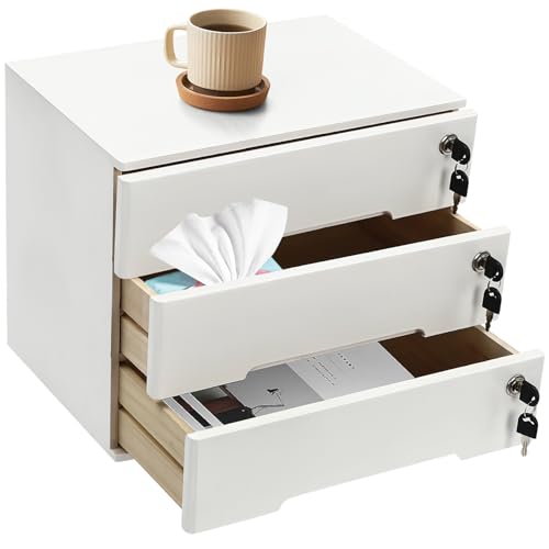Wooden Desk Organizer with Drawers & Lock, Desktop Countertop Storage Cabinet Lockable Home Office Supplies File Tabletop Organizing Unit (3 Drawers - Modern White) - style: 3 Drawers - Modern White