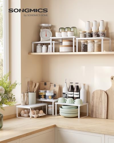 SONGMICS Cabinet Organizer Shelf, Set of 3 Kitchen Counter Shelves, Kitchen Storage, Spice Rack, Stackable, Expandable, Snow White and Matte White UKCS220W01 - color: Snow White + Matte White
