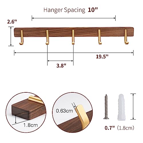 Wall Mounted Coat Rack, Entryway Hanging Rack with Rustic Hooks for Coat, Scarf, Bag, Towel, Key, Cap, Hat - Walnut Gold Matt (5 Hooks - J Shape) - size: 5 Hooks - J Shape
