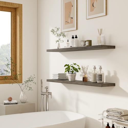 Vivelove Flat Edge Elm Wood Floating Shelf with Invisible Bracket 48”Grey - color: Grey, size: 48”,set of 1