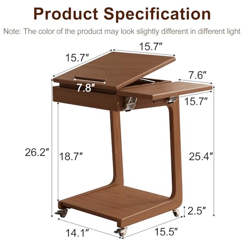 Solid Wood C Shaped End Table for Couch,Walnut C Table with Wheels,Rolling Side Table with Storage,Couch Desk with Adjustable Desktop,Rolling Tv Tray with Folding Shelf,Modern Couch Table - color: Walnut