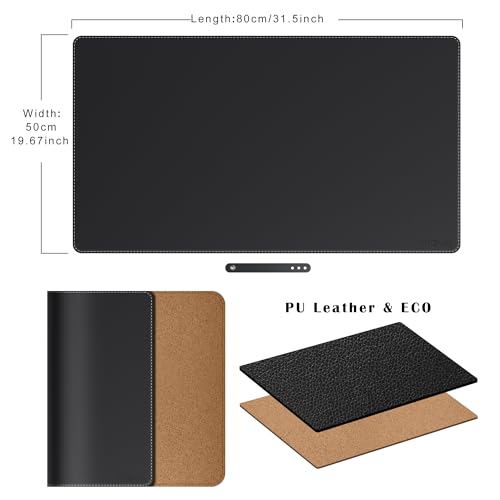 Mydours Dual-Sided PU Leather Desk Mat 31.5"x19.7" - Extra Large Cork Backing Mouse Pad for Office & Home, Premium Writing Surface, Waterproof Computer Desk Pad Protector for Laptop and Keyboard - color: Black, size: 31.5" x 19.7"