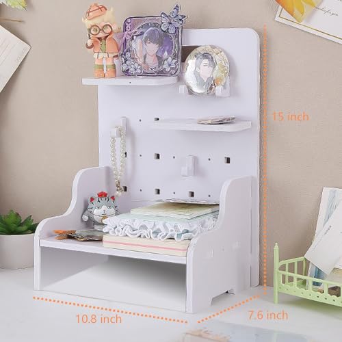 Wood Desk Pegboard Organizer, Desktop Peg Board with Hanger Hooks for Home and Office Supplies, Desktop Display Pegboard for Crafts, Keys and Small Items, Office Desk Accessories, White