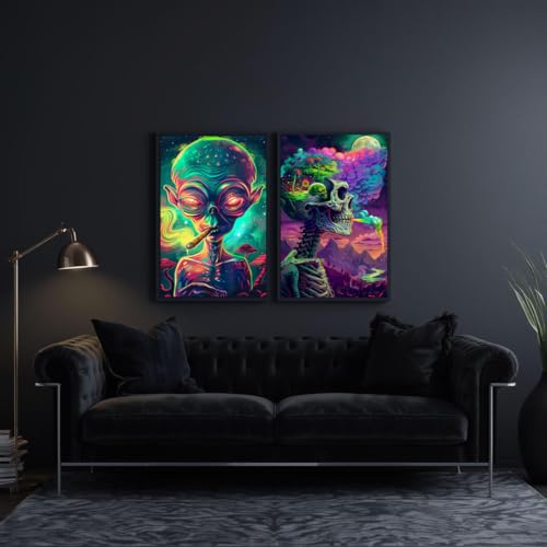 GlowDots Alien Wall Art Set of 4, Psychedelic Skull Posters, Trippy Neon Art Prints, Futuristic Space Room Decor for Bedroom, Dorm, Gaming Room(Unframed)