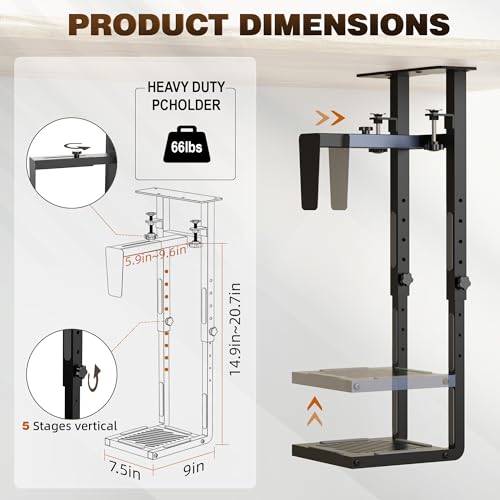 Adjustable Under Desk PC Mount, Clamp & Drill CPU Holder, 66LBS Capacity with Anti-Fall Baffle & Anti-Slip Pads for Standing Desk, Black