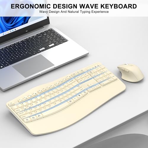 Wireless Keyboard and Mouse Combo, Ergonomic Wave Keys (Latte) | 2.4G Full Size Wave Keyboard with Wrist Rest, 3-Level DPI Adjustable Ergonomic Mouse for Windows and Mac OS Desktop/Laptop/PC - color: Latte