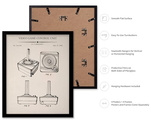 Monem Art 4-Piece Gaming Blueprint Poster - Video Game Patent Print - Joystick & Controller Art - Technical Drawing Design - Gameboy Print - Office or Kid's Room Decor, 8x10 Black Framed