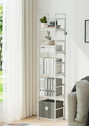 FIDUCIAL HOME 5 Tiers Narrow Bookshelf White Skinny Open Book Shelf | Slim Thin Small Spaces for Space Saving, Easy to Assemble, 12"L x 10"W x 57.2"H - size: 5 Tier