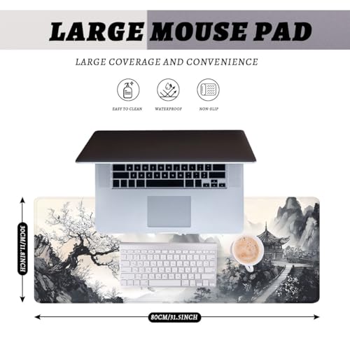 Japanese Mouse Pad Ink Landscape Mountain Pavilion Blossom Large Desk Mat Waterproof Stitched Edges Rubber Base Non-Slip Deskmap Computer Keyboard Mat 31.5 x 11.8 Desk Home Office Gaming - color: Japanese, size: 31.5" x 11.8"