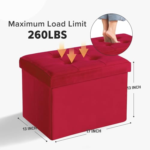 LINMAGCO Storage Ottoman Folding Foot Stool Velvet Foot Rest with Padded Modern Ottoman with Storage for Living Room Puppy Step Stool 17x13x13in(Neon Red) - color: Neon Red(velvet), size: 13"D x 17"W x 13"H