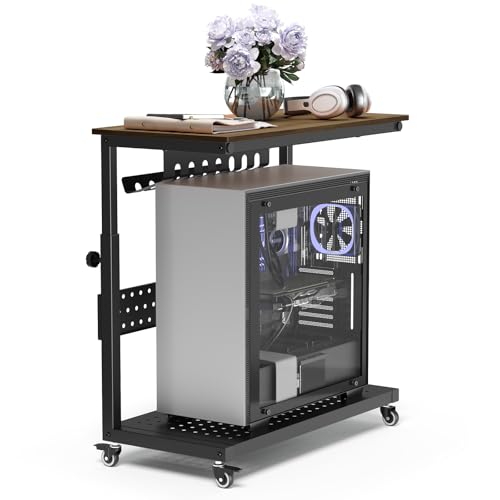 Garvee Computer Tower Stand, 2-Tire PC Stand with Rolling Wheels, Line Storage Rack, Adjustable Under Desk PC Cart, Mobile Rolling CPU Holder Cart for Home Office Gaming, Brown