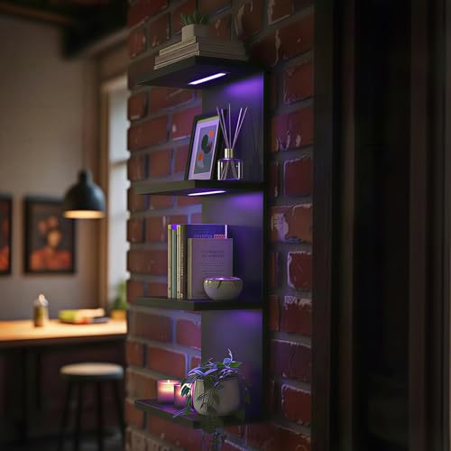 4 Tier RGB Wall Shelf-Gaming Shelf with Remote Control, Lack Shelves with Light for Bedroom | Easy to Install Cosmetic & Display Modern Shelf, Black - color: 4r-black