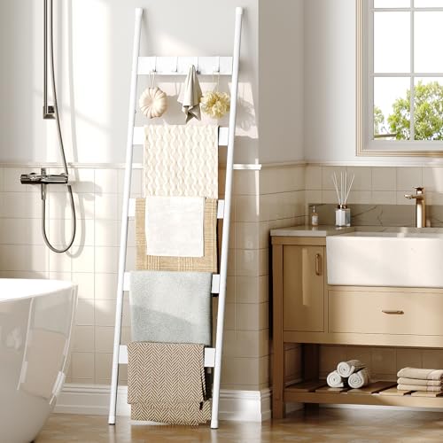 HOOBRO Blanket Ladder, 5-Tier Towel Rack with Hooks, Wall-Leaning Blanket Rack, Decorative Display Ladder Shelf, for Scarves, Industrial, Living Room, Bedroom, White WW52CJ01 - color: White, size: 17.3"L x 63"W