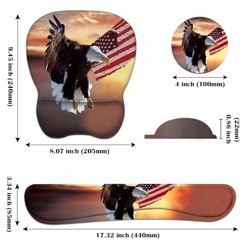 Ergonomic Mouse Pad Wrist Support and Keyboard Wrist Rest Set with Coasters, Non-Slip PU Base, Easy Typing & Pain Relief, Perfect for Home Office Working Studying, Patriotic American Flag Bald Eagle - color: Patriotic American Flag Bald Eagle