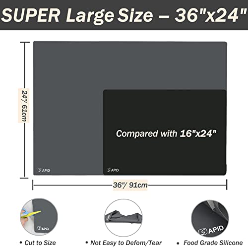 Extra Large Silicone Mat 36" x 24" Place Mats, Heat Resistant Mat for Kitchen Countertop Protector, Thick Placemats Washable Silicone Mats for Kitchen Counter Mat Dining Table Mat, Darkgrey, Sapid - color: Darkgrey, size: 36" x 24"