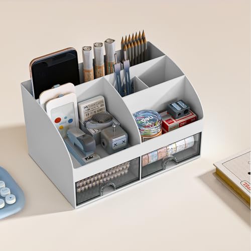 COMFYROOM Desk Organizer with 6 Compartments and 2 Drawers, Plastic Makeup Organizer, Pen Holder for Desktop Storage, Desk Organization for School, Home, Office Supplies (Grey) - color: Grey