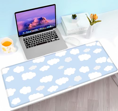 Cute Desk Pad, Blue Sky with Clouds Desk Mat, Large Mouse Pad, Protector Pad, Non-Slip Rubber Base with Stitched Edges Deskmat Writing Mat for Computer Laptop Office,31.5 X 11.8 in - color: Blue Sky with Clouds