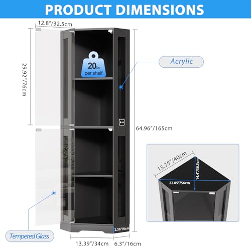 BROTTAR 65" Corner Glass Display Cabinet with LED Lights, 4-Tier Showcase Display Case with Glass Doors & Human Body Sensor for Collectibles, Liquor, Black - color: Black
