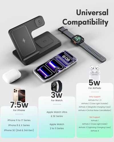 Wireless Charger iPhone Charging Station: 3 in 1 Charger Stand Multiple Devices for Apple - iPhone 17 16e 16 15 14 Pro Max 13 12 11 - Watch 11 10 9 8 7 6 5 4 3 2 SE and Ultra Series - Airpods 4 3 Pro - color: Black