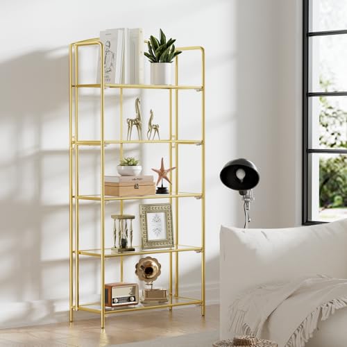 Crofy 5-Tier Wider Foldable Bookshelf, Gold Frame & Transparent Shelves | Collapsible Portable Storage Organizer; Sturdy Transparent Shelves; Ideal for Living Room & Home Office - color: Gold Frame & Transparent Shelf, size: 5 Tier Wider