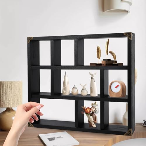 17.7x15.7-Inch Shadow Box Shelf 9-Slot Rustic Floating Shelves Larger Wall Mounted Lightweight Solid Wood Display Freestanding Farmhouse Shelf (9C-Classic Black) - color: 9c-classic Black, size: 1 PCS