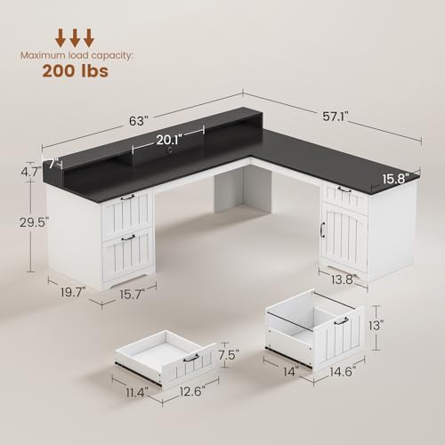 SEDETA 63" L Shaped Desk with Drawers, Farmhouse Office Desk with File Drawers, Wood Corner Computer Desk with Storage, Home Office Desk with Monitor Stand and Storage Cabinet, Black and White - color: Black and White, size: L Shaped Desk (63")