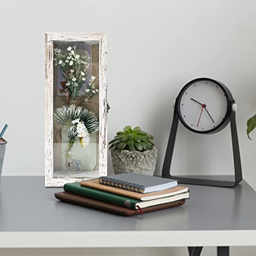 GraduationMall 5x12.5 Wood Shadow Box Frame Glass Door Display Case with Linen Back and 6 Stick Pins,1.5 inches Interior Depth,Ideal for Memorabilia Pictures Flowers Medals Tickets Rustic White - color: Rustic White, size: 5x12.5