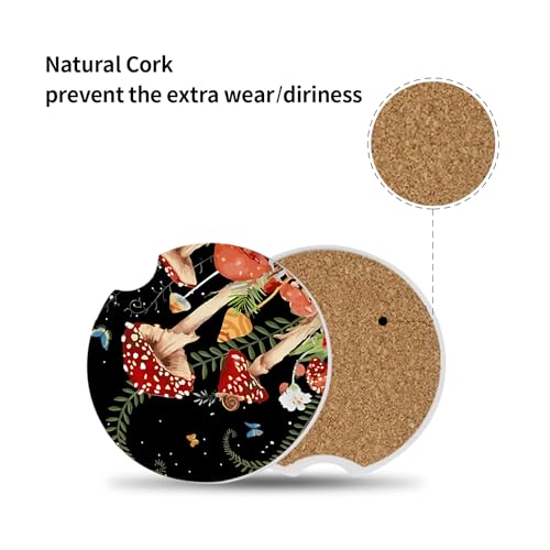2 Pack Cute Mushroom Pattern Absorbent Car Coasters for Cup Holders,2.56" Ceramic Coasters with Cork Back and Finger Slot,Auto Accessories for Women & Men. - color: Mushroom