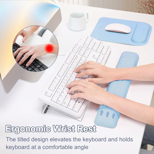 MOSISO Computer Keyboard Stand&Wrist Rest Support for Keyboard &Mouse Pad Set, Ergonomic Massage Wrist Rest Set, Easy Typing Working Acrylic Clear Stand for Office Home, Air Blue - color: Air Blue