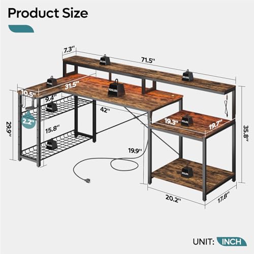 Bestier 71.5 inch Computer Desk with Power Outlets, L Shaped LED Home Office Desk with Long Monitor Stand, Large Corner Desk with Storage Shelf, Cup Holder & Headset Hooks, Modern Simple Table | Printer Shelf, Adjustable Metal Grid, Adjustable Monitor Sta