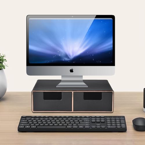 Linen Leather Desk Organizer and monitor stand with Drawers-Mini Desktop Drawer Organizer Stackable-Tabletop Organization Storage Box for Office Supplies Home Vanity Toiletries (Black, 2-drawers) - color: Black
