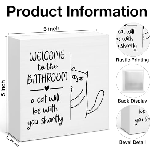 Funny Cat Bathroom Decor, Welcome to the Bathroom Wooden Sign for Toilet Powder Room Restroom, Cat Lover Gifts 5 x 5 Inches - color: Cat
