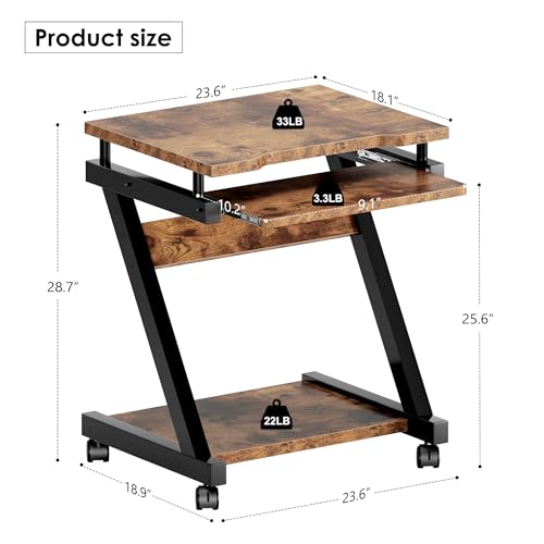 sogesfurniture Retro Computer Desk, Small Mobile Workstation with Keyboard Tray, Printer Shelf & Storage, 23.6x18.9x28.7 inches, Engineered Wood, for Home and Office - color: Retro