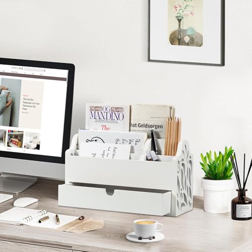 Desk Organizer with Drawer Wood File Office Mail Organizer Countertop-5 Slot Tabletop Storage Pen Organizer Letter Holder for School Home Office Supplies (White) - color: White