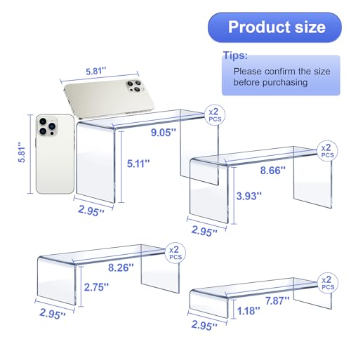 Acrylic Risers 8 Pcs – Clear Rectangular Display for Perfume Organizer, Figures, Jewelry, Dessert Table & Cupcake, 4 Sizes (7", 8", 9")