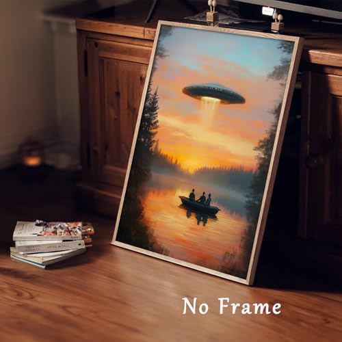 Retro Ufo Canvas Wall Art Landscape Artwork Vintage Ufo Poster Landscape Sunset Painting Moody Print Forest Scene Pictures Alien Abduction Poster Vintage Lake Painting For Bedroom 16x24inch No Frame - color: A3Unframed