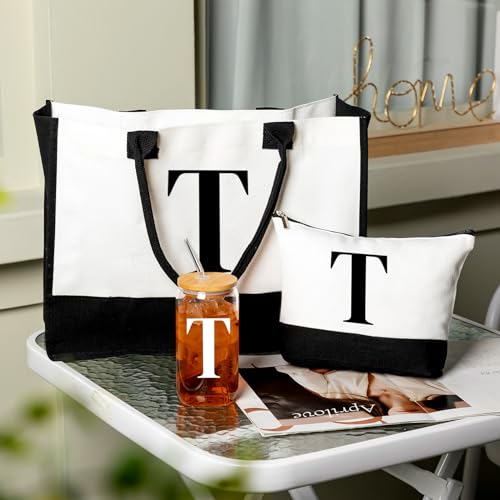 Aliceset Initial Gifts for Women Monogram Canvas Tote Bag and Makeup with Zipper and Initial Glass Coffee Cup Gifts for Her - style: Letter T