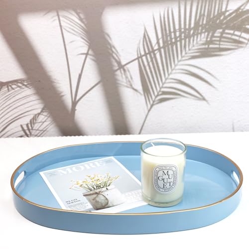 Spsyrine Blue Plastic Serving Tray for Ottoman, Coffee Table, Oval Decorative Tray for Entertaining, Outdoor, Living Room, Home Decor - color: Oval Blue, size: 15.5" x 10.6" x 1.4"