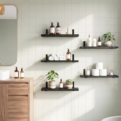 Fixwal Floating Shelves for Wall, Black Shelves Wall Mounted, Rustic Wood Wall Storage Shelves for Bedroom, Living Room, Kitchen, Bathroom, Home Decor (Set of 5 Black) - color: Black, style: 5pcs